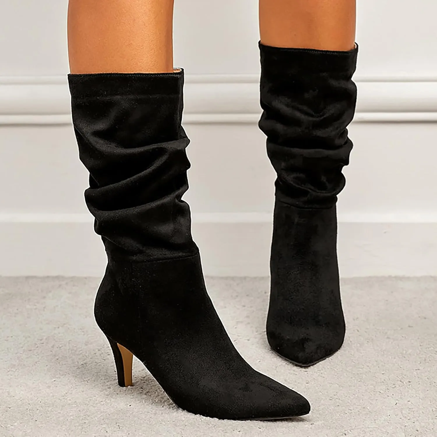 2023 Fall High Heeled Suede Mid Heeled Sexy Pointed Toe Fashion Boots Women's Shoes Glam Boots
