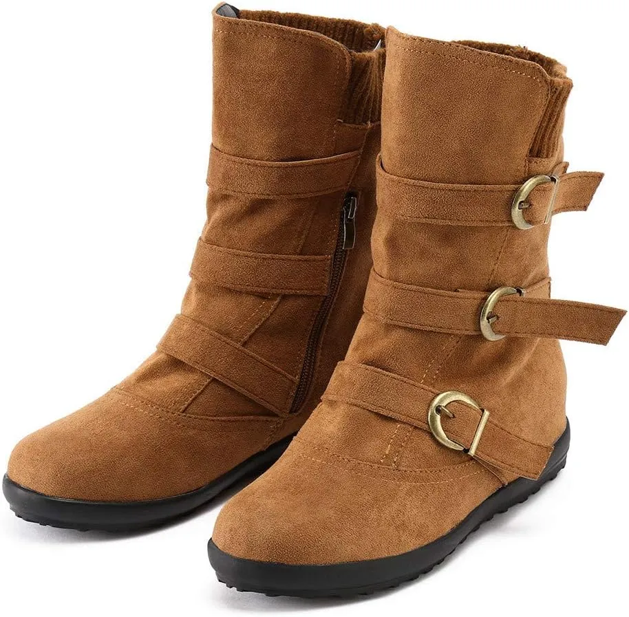 AMDBEL Cowboy Boots for Women, Snow Boots For Women Round Toe Zipper Flat Mid Boots Winter Warm Buckle Strap Snow Boots
