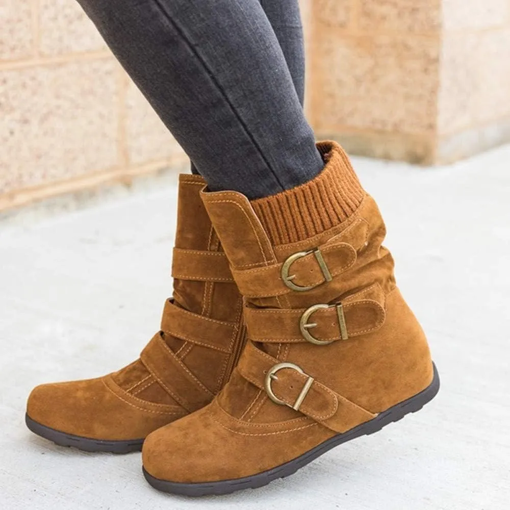 AMDBEL Cowboy Boots for Women, Snow Boots For Women Round Toe Zipper Flat Mid Boots Winter Warm Buckle Strap Snow Boots