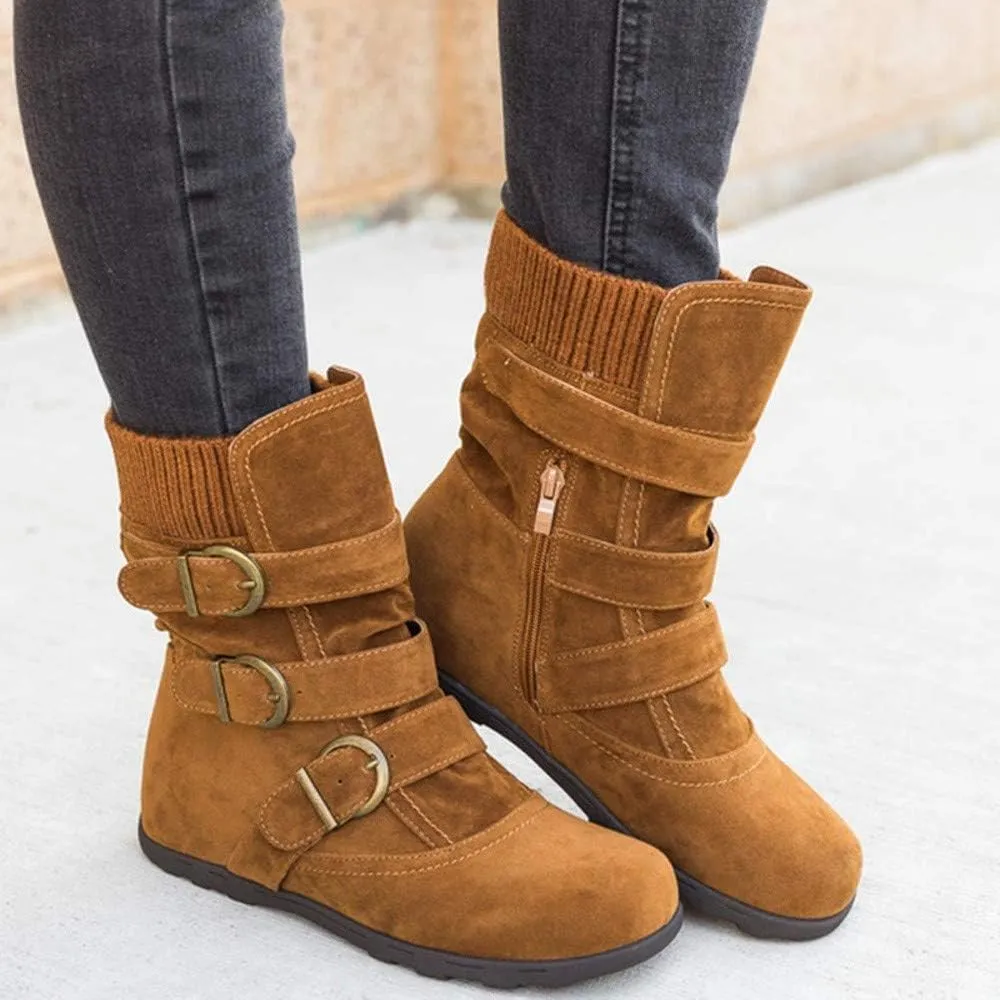 AMDBEL Cowboy Boots for Women, Snow Boots For Women Round Toe Zipper Flat Mid Boots Winter Warm Buckle Strap Snow Boots