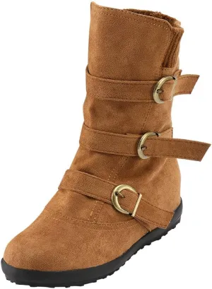 AMDBEL Cowboy Boots for Women, Snow Boots For Women Round Toe Zipper Flat Mid Boots Winter Warm Buckle Strap Snow Boots