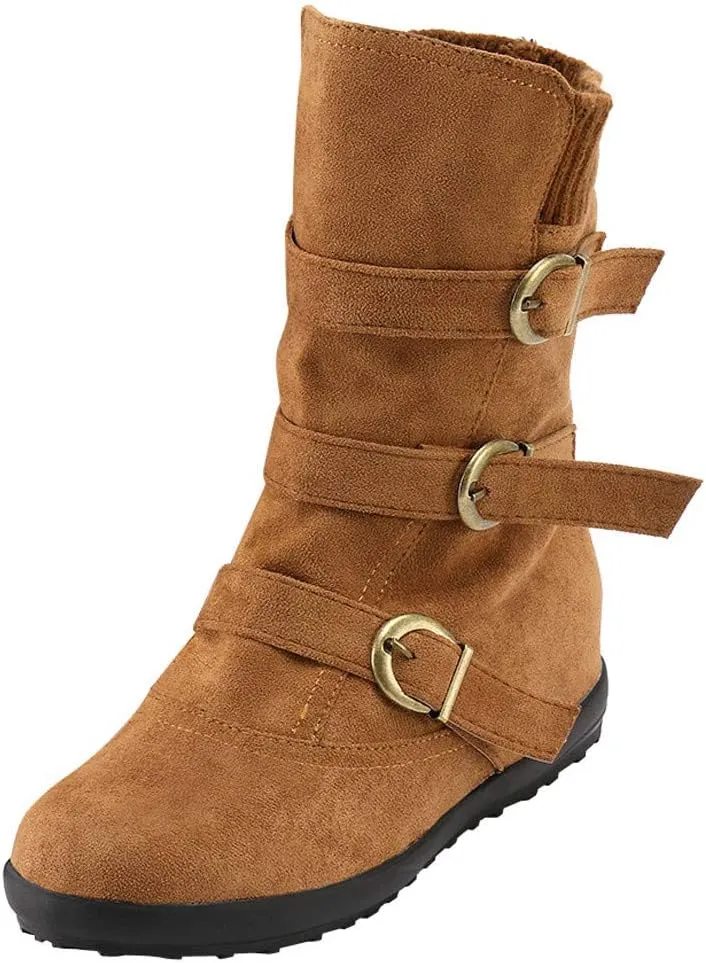 AMDBEL Cowboy Boots for Women, Snow Boots For Women Round Toe Zipper Flat Mid Boots Winter Warm Buckle Strap Snow Boots