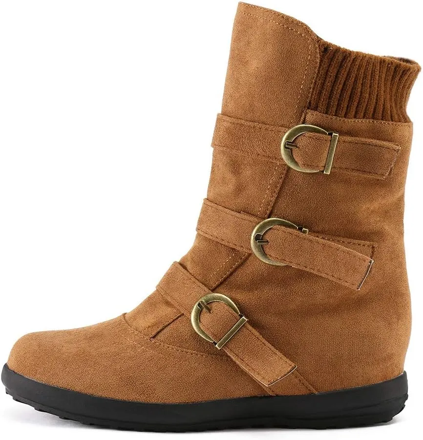 AMDBEL Cowboy Boots for Women, Snow Boots For Women Round Toe Zipper Flat Mid Boots Winter Warm Buckle Strap Snow Boots