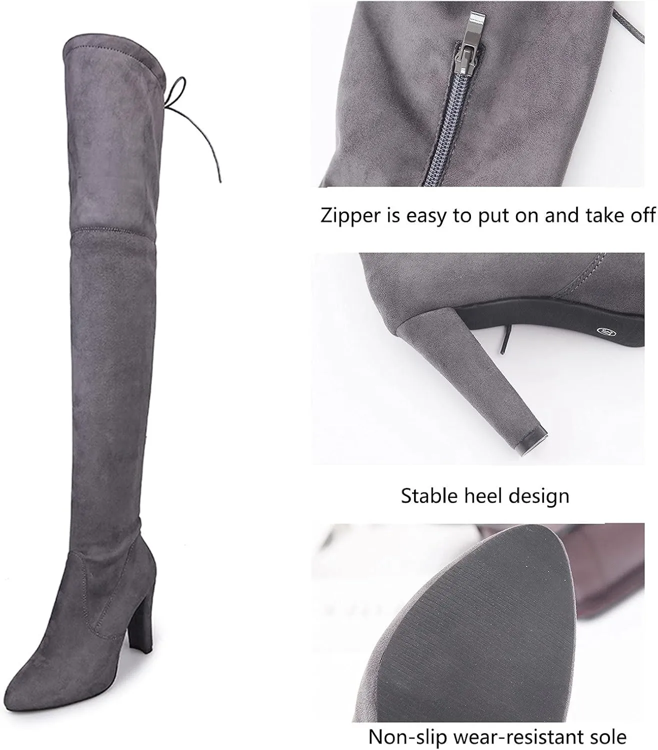 Ankle Boots For Women High Chunky Heeled Over Knee Boots Zipper Pointed Suede Thigh High Boots Long Bootie