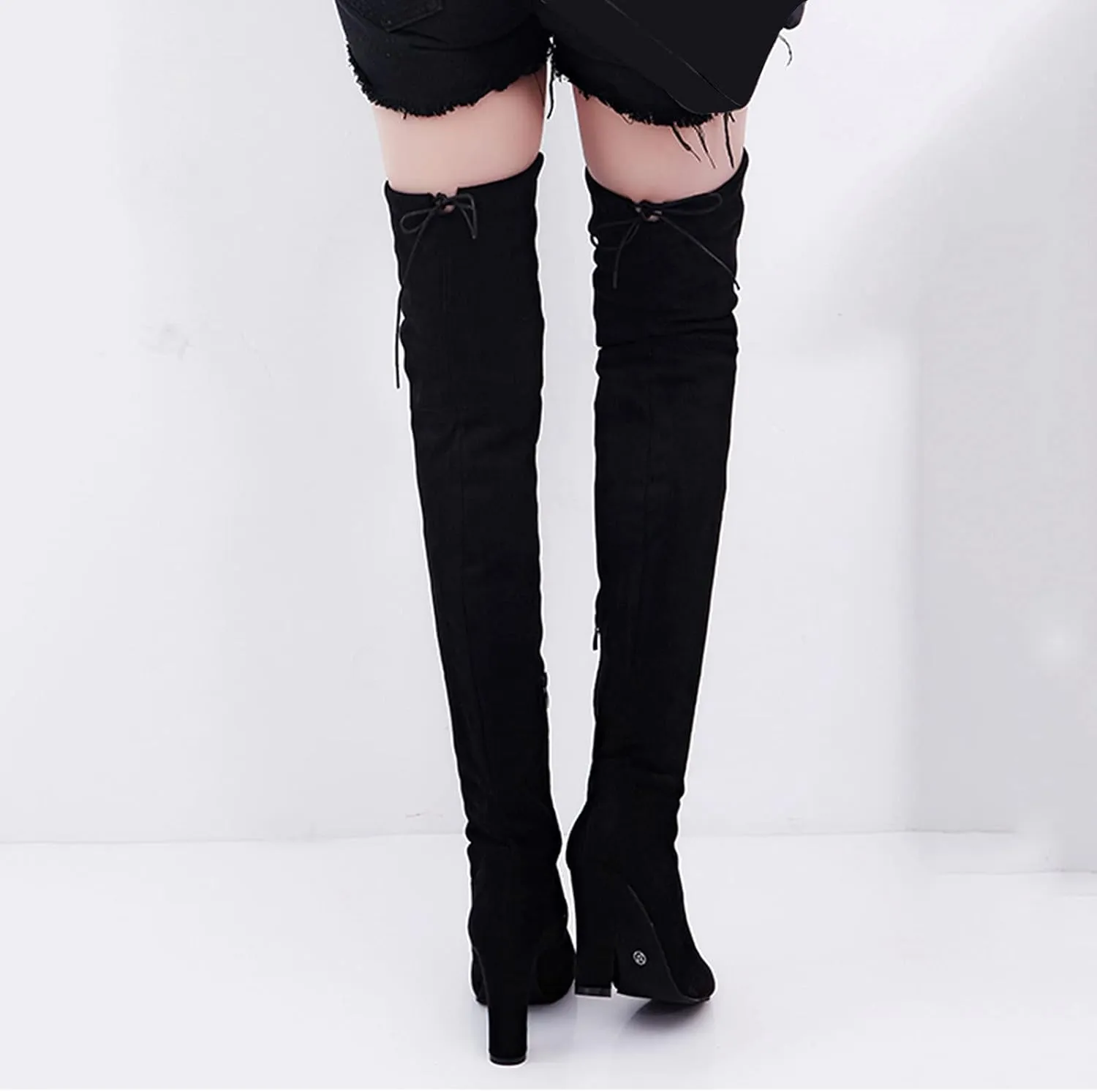 Ankle Boots For Women High Chunky Heeled Over Knee Boots Zipper Pointed Suede Thigh High Boots Long Bootie
