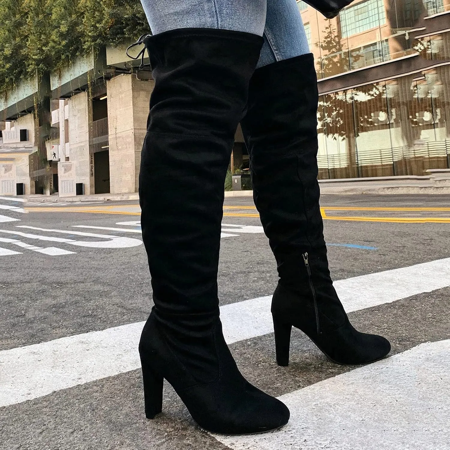 Ankle Boots For Women High Chunky Heeled Over Knee Boots Zipper Pointed Suede Thigh High Boots Long Bootie