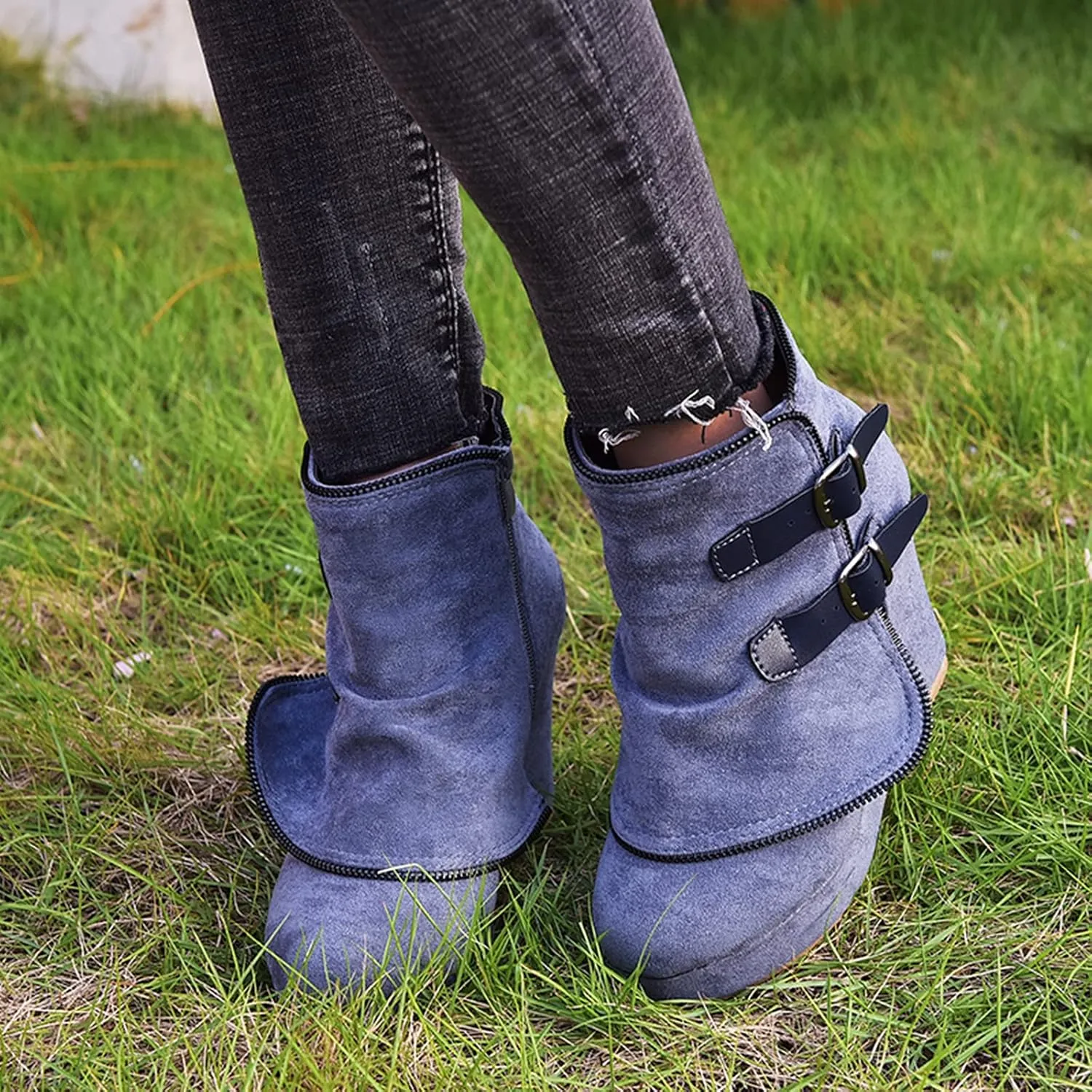 Bcshiye Womens Wedge Ankle Boots Comfortable Wedge Platform Slip on Booties Round Toe Buckle Zipper Ankle Boots