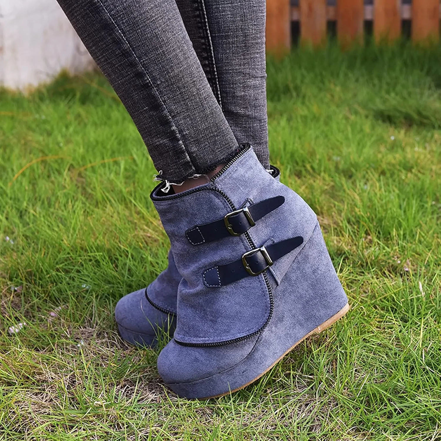 Bcshiye Womens Wedge Ankle Boots Comfortable Wedge Platform Slip on Booties Round Toe Buckle Zipper Ankle Boots
