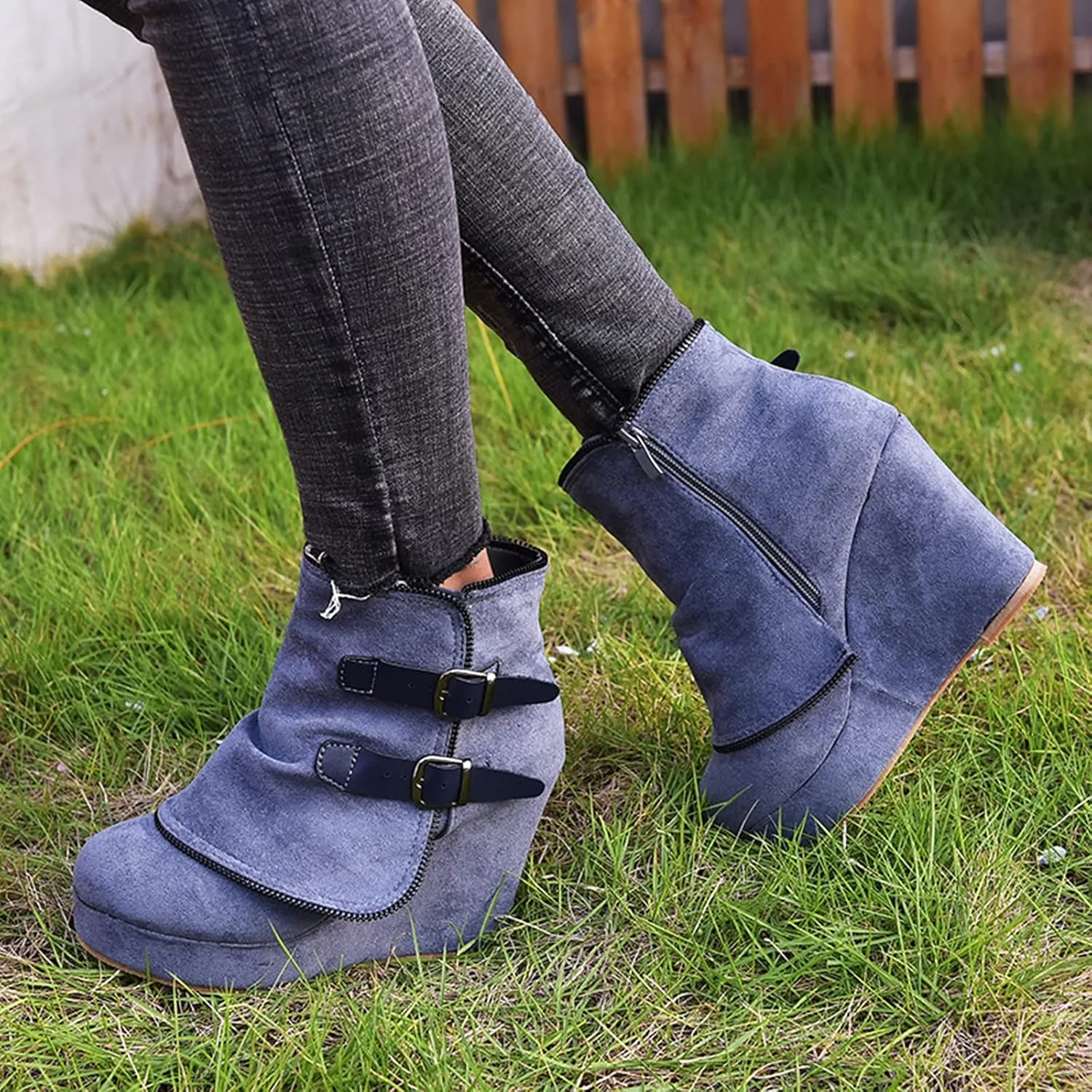 Bcshiye Womens Wedge Ankle Boots Comfortable Wedge Platform Slip on Booties Round Toe Buckle Zipper Ankle Boots
