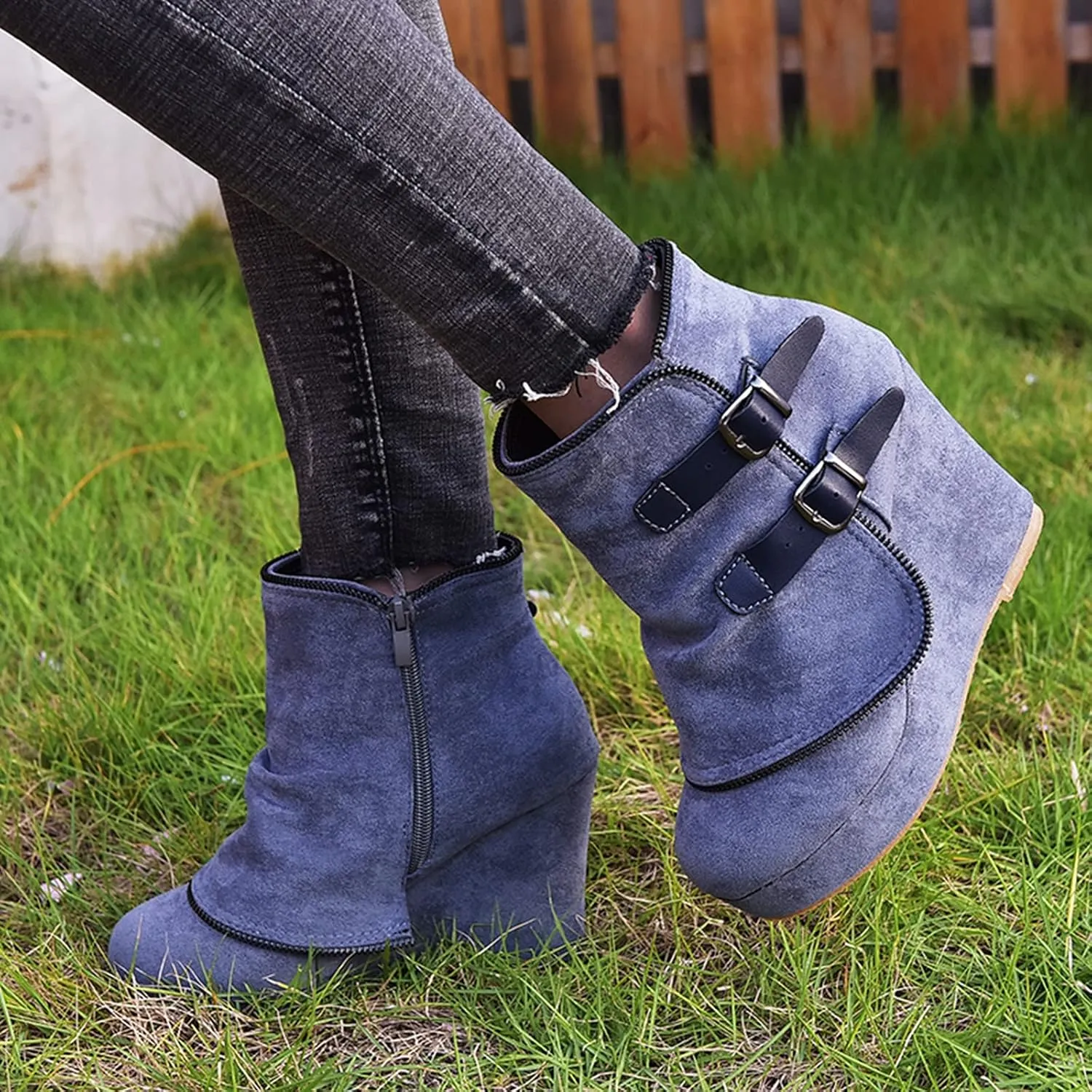 Bcshiye Womens Wedge Ankle Boots Comfortable Wedge Platform Slip on Booties Round Toe Buckle Zipper Ankle Boots