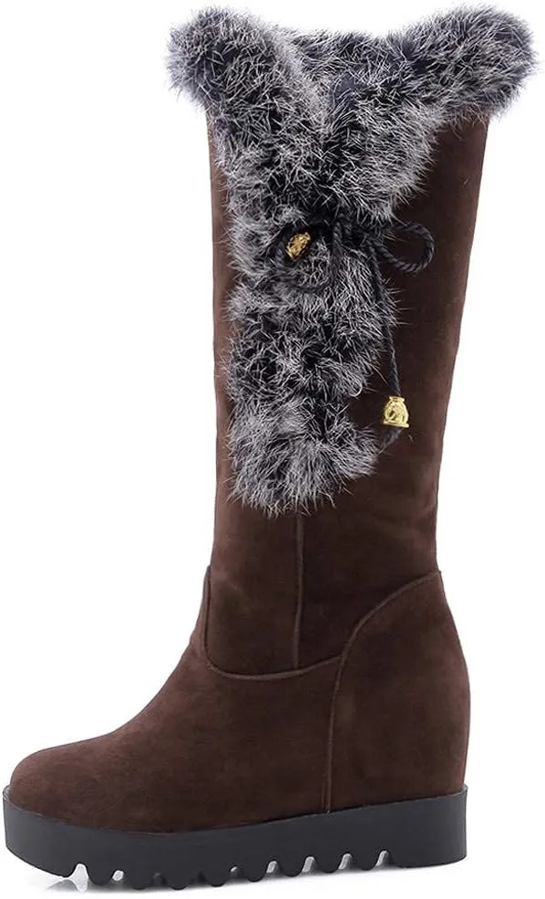 Bcshiye Women's Winter Boots Warm Fur Fuzzy Wedges Mid Claf Boots Round Toe Western Outdoor Waterproof Booties
