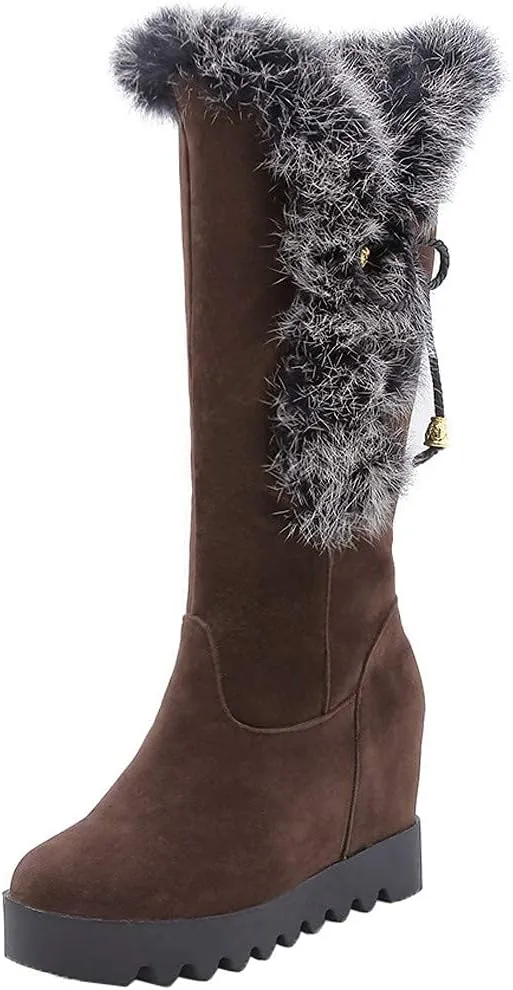 Bcshiye Women's Winter Boots Warm Fur Fuzzy Wedges Mid Claf Boots Round Toe Western Outdoor Waterproof Booties