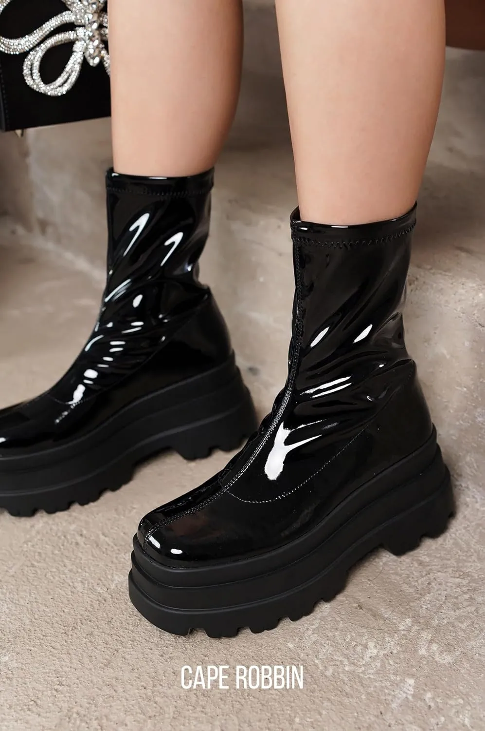 Beluga Shiny Patent Lug Platform Booties (Beluga)