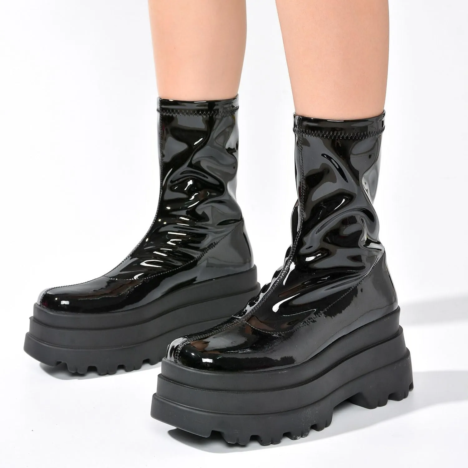 Beluga Shiny Patent Lug Platform Booties (Beluga)