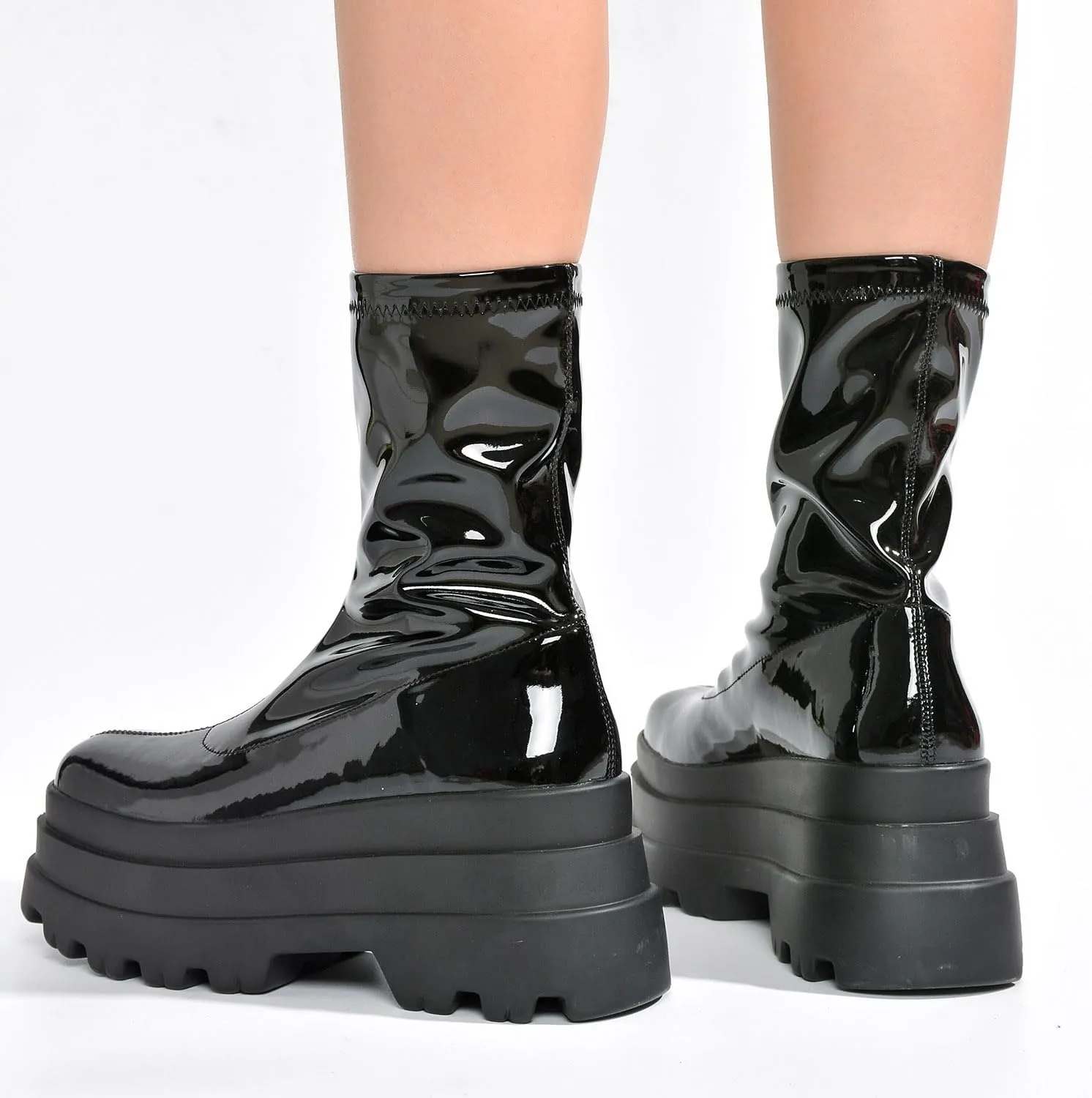 Beluga Shiny Patent Lug Platform Booties (Beluga)
