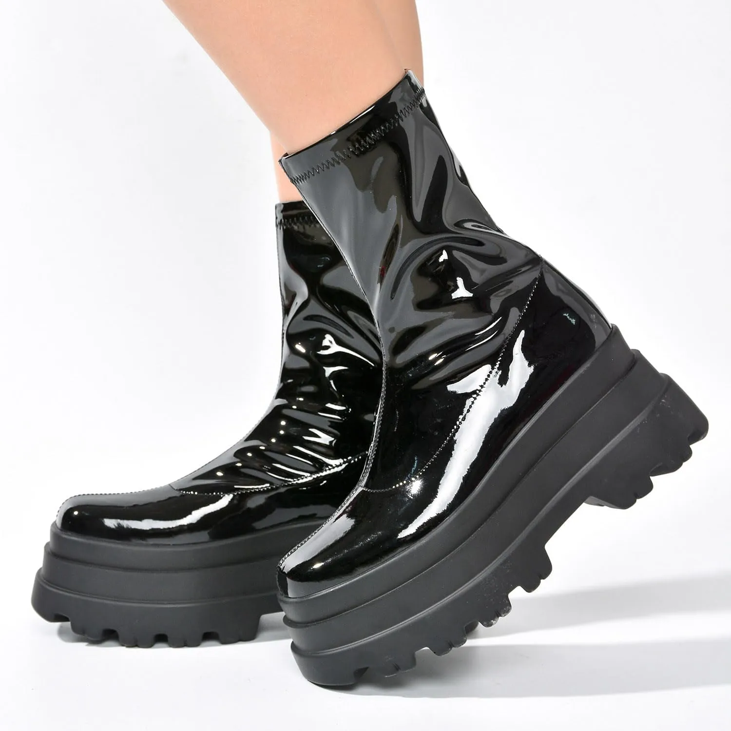 Beluga Shiny Patent Lug Platform Booties (Beluga)