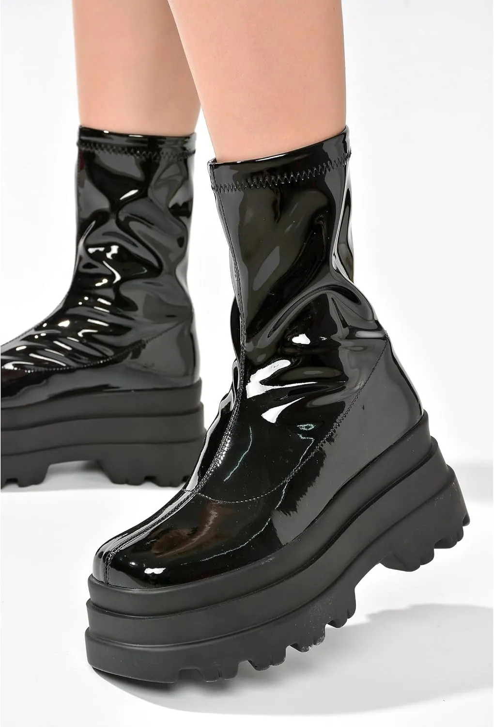 Beluga Shiny Patent Lug Platform Booties (Beluga)