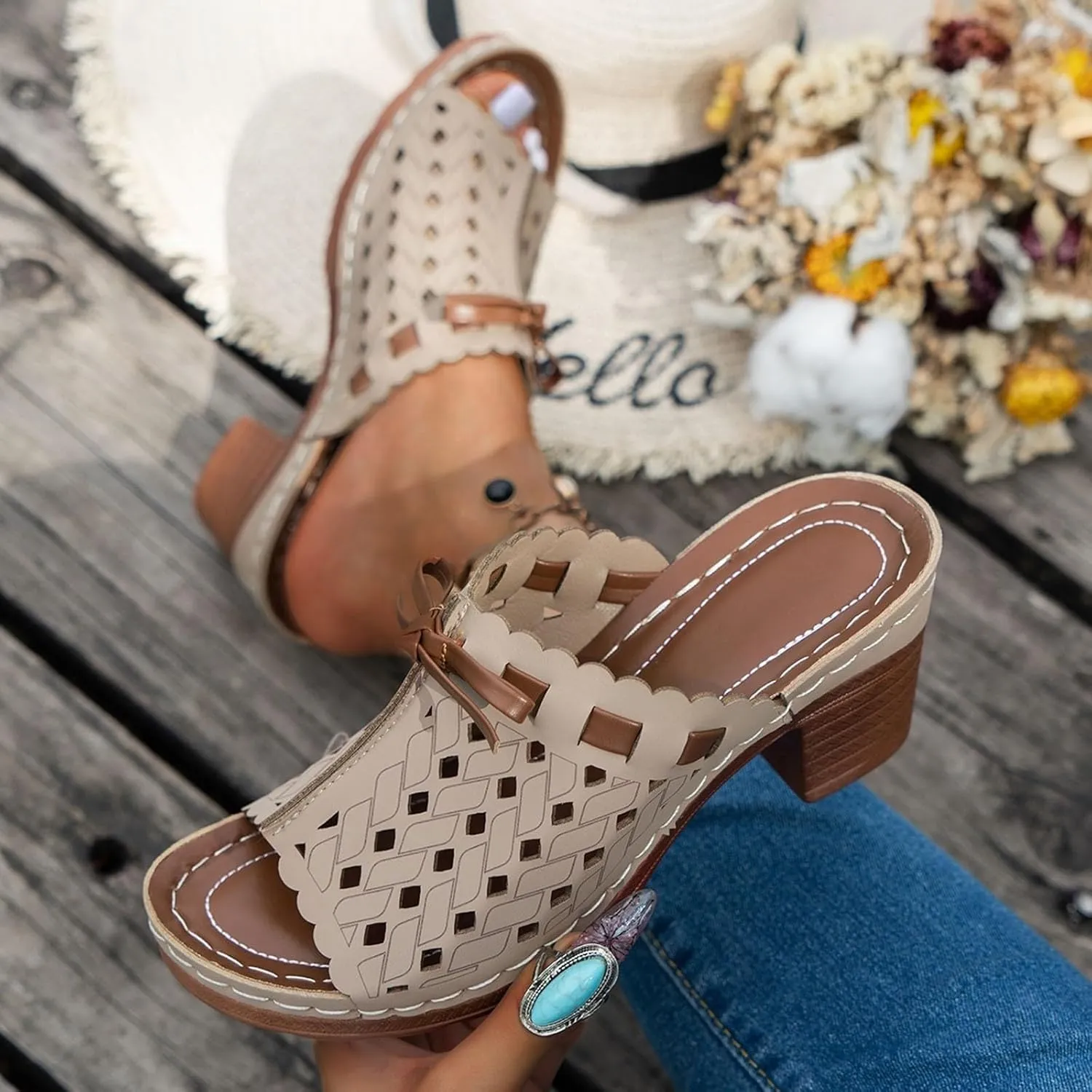 BILIKEYU Womens Platform Slip on Slides Sandals Bow Cutouts Chunky Block Heel Breathable Casual Summer Beach Sandal