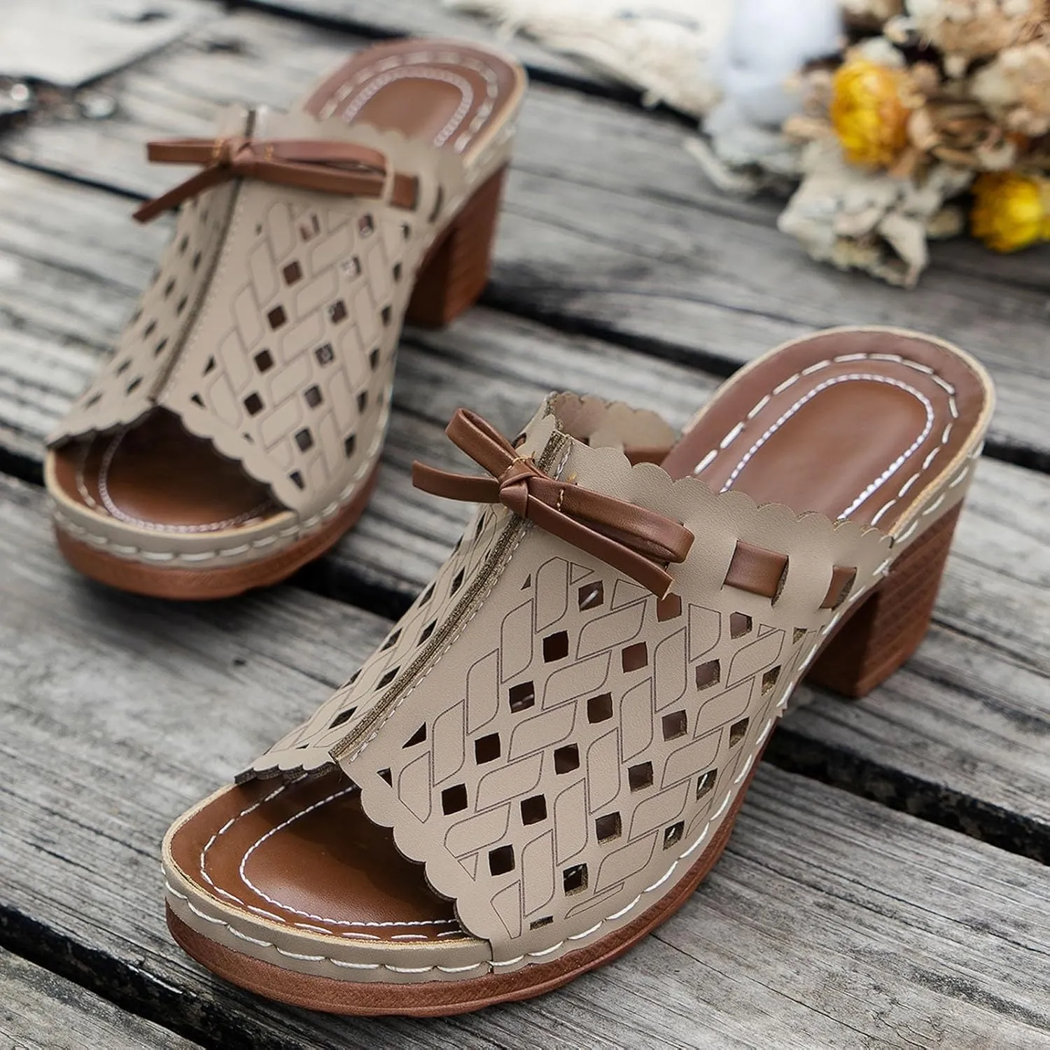 BILIKEYU Womens Platform Slip on Slides Sandals Bow Cutouts Chunky Block Heel Breathable Casual Summer Beach Sandal