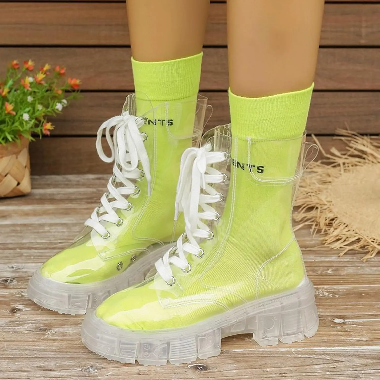 Black Boots For Women Women's Y2K Transparent Combat Boots Platform Thick Sole Booties Casual Outdoor Pull On Bootie
