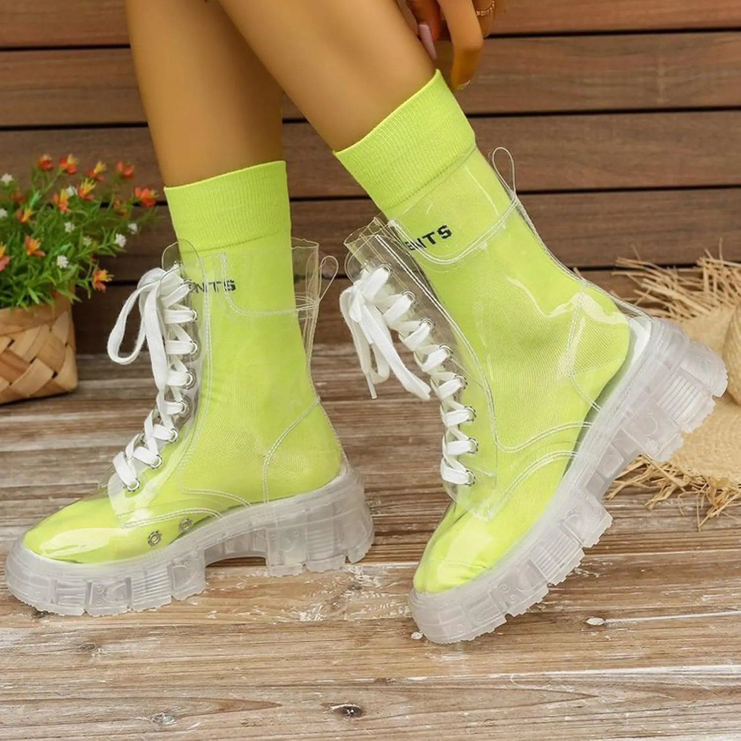 Black Boots For Women Women's Y2K Transparent Combat Boots Platform Thick Sole Booties Casual Outdoor Pull On Bootie