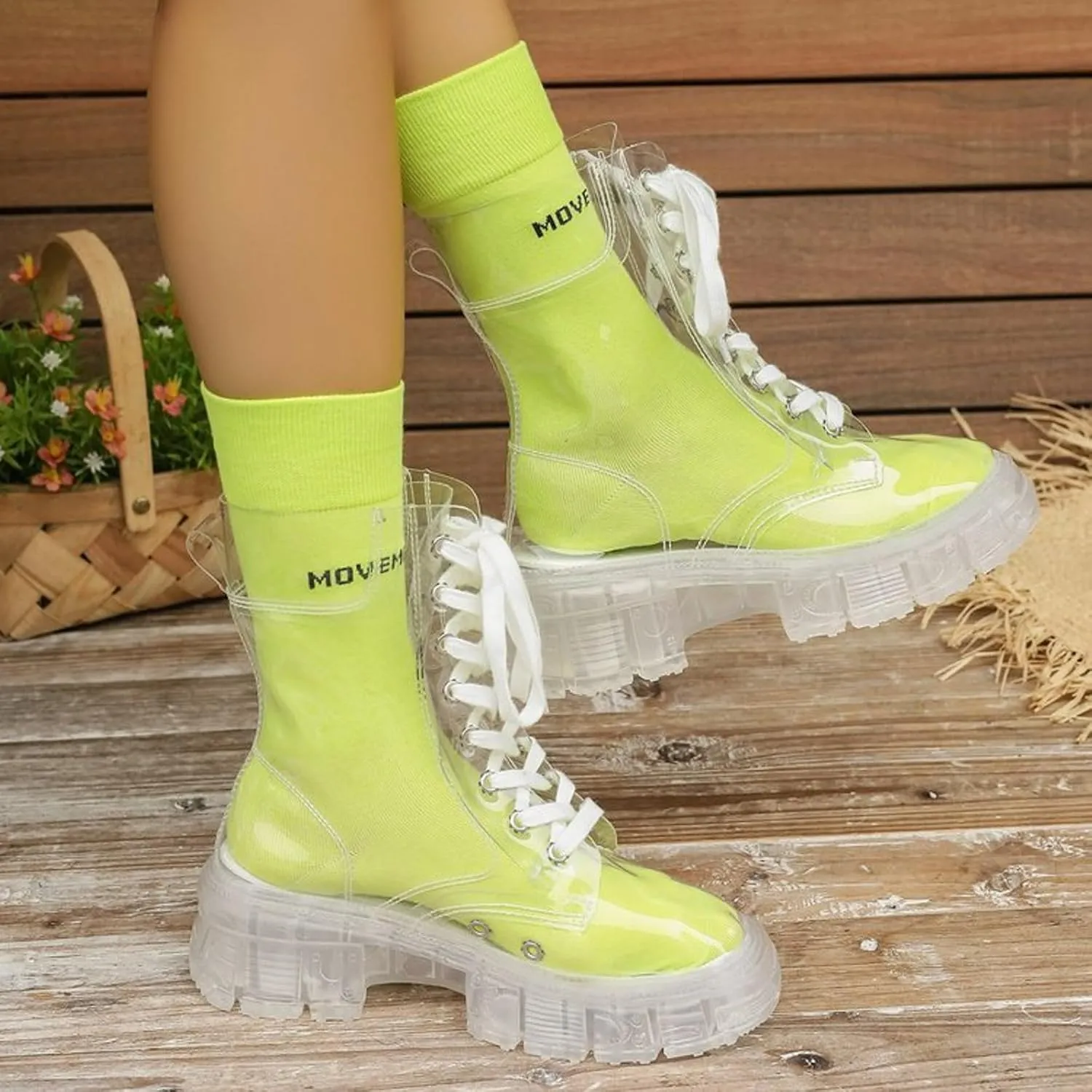 Black Boots For Women Women's Y2K Transparent Combat Boots Platform Thick Sole Booties Casual Outdoor Pull On Bootie