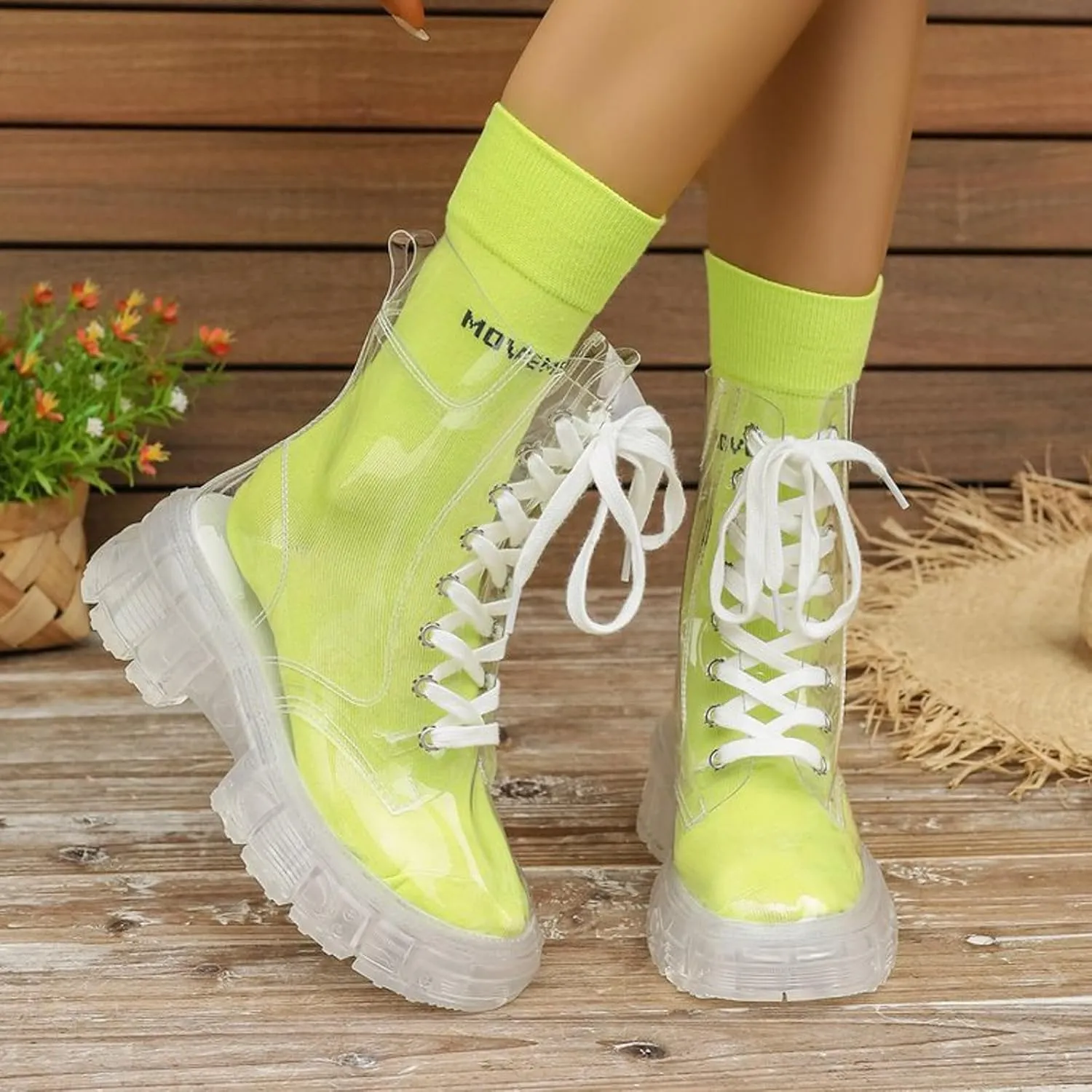 Black Boots For Women Women's Y2K Transparent Combat Boots Platform Thick Sole Booties Casual Outdoor Pull On Bootie