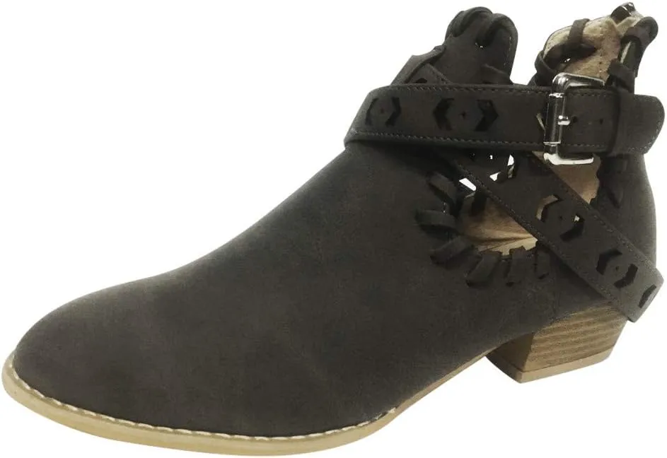 Booties for Women Flat,Womens Ruffled Ankle Boots Low Chunky Block Stacked Heel Boots Slip On Pointed Toe Western Shoes