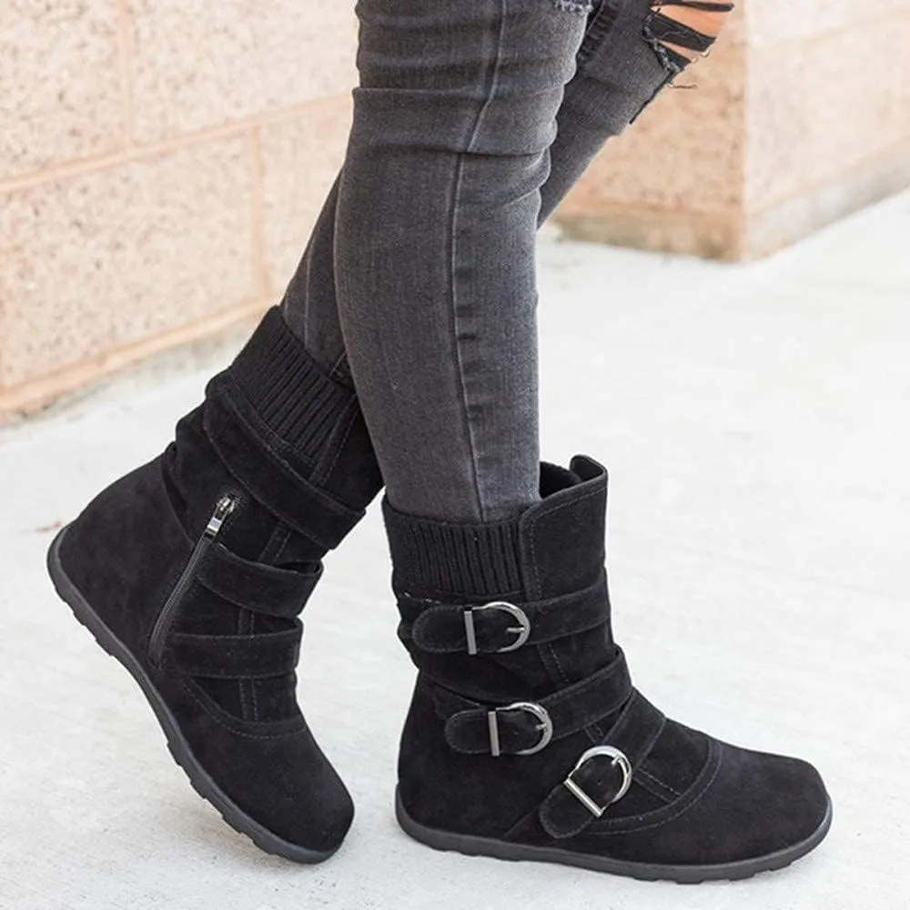 BORAMAX Womens Low Heel Slouch Suede Slip On Casual Ankle Boots with Ring Buckle and Side Zipper Buckle Winter Booties