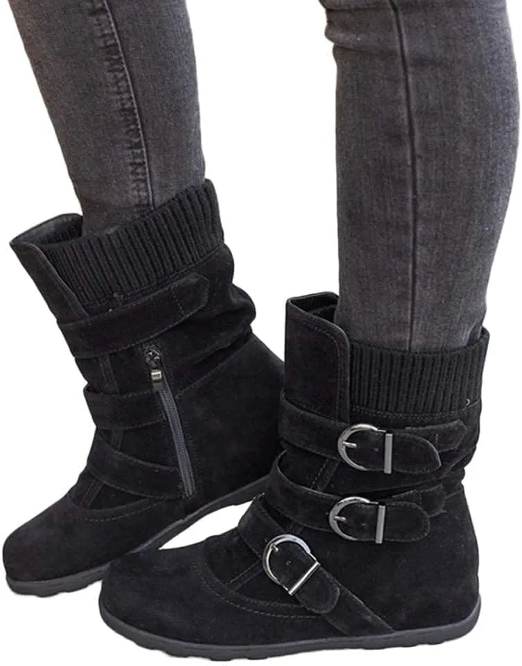 BORAMAX Womens Low Heel Slouch Suede Slip On Casual Ankle Boots with Ring Buckle and Side Zipper Buckle Winter Booties