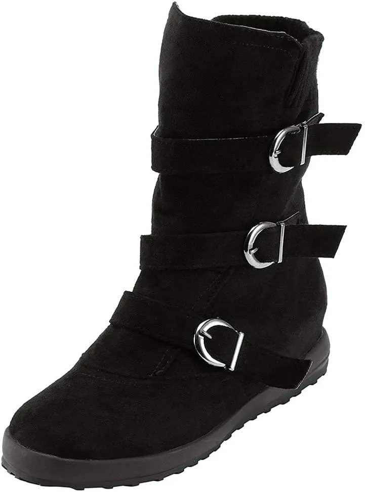 BORAMAX Womens Low Heel Slouch Suede Slip On Casual Ankle Boots with Ring Buckle and Side Zipper Buckle Winter Booties