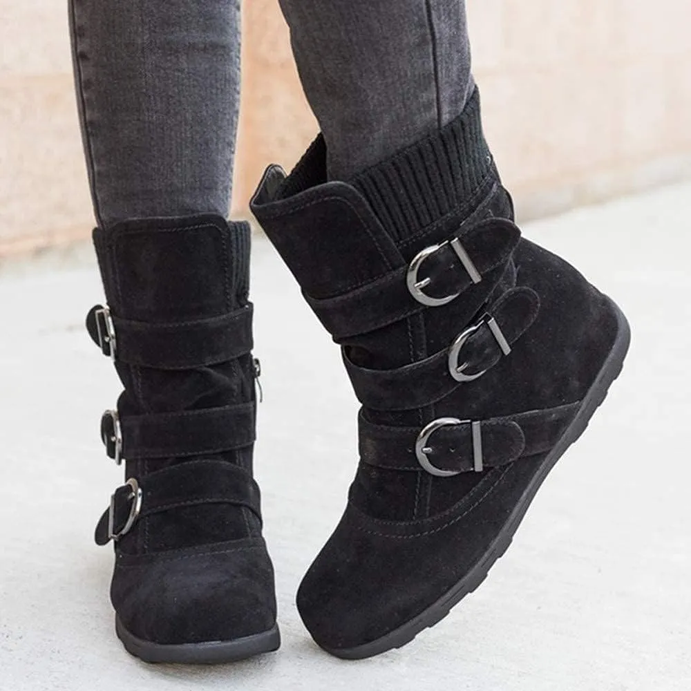BORAMAX Womens Low Heel Slouch Suede Slip On Casual Ankle Boots with Ring Buckle and Side Zipper Buckle Winter Booties