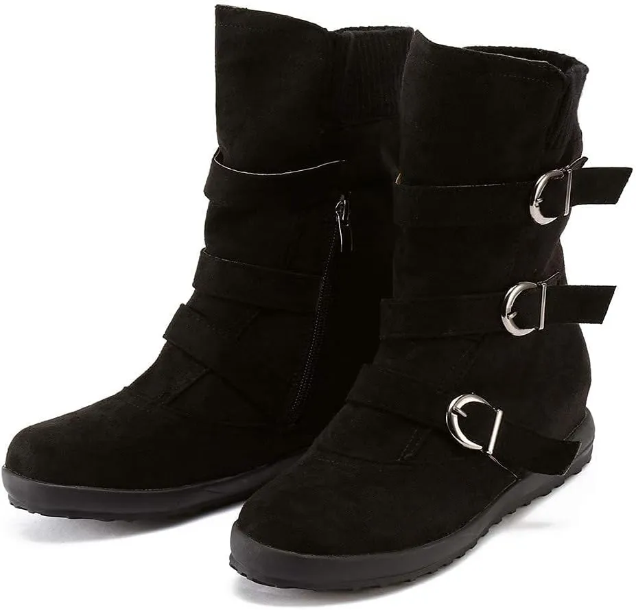 BORAMAX Womens Low Heel Slouch Suede Slip On Casual Ankle Boots with Ring Buckle and Side Zipper Buckle Winter Booties