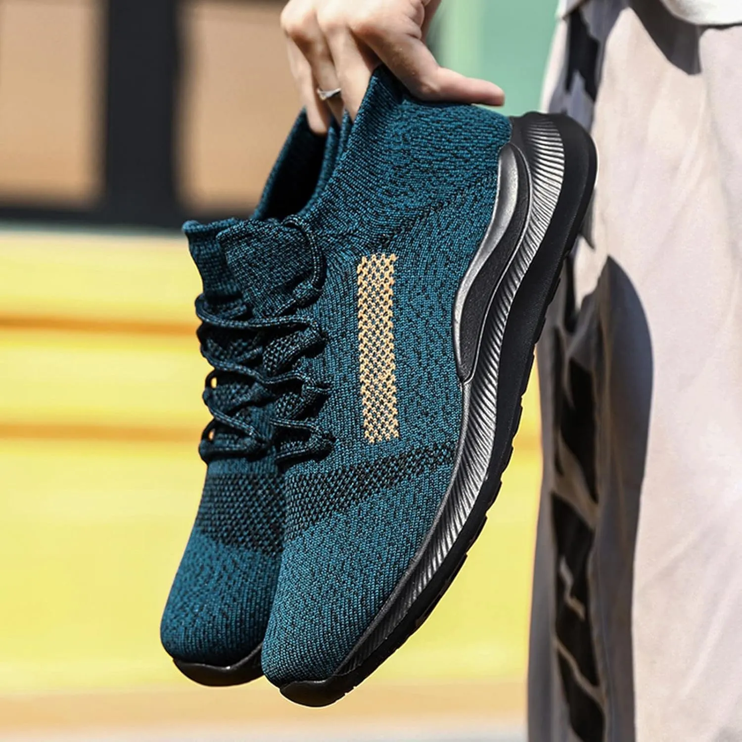 Casual Walking Shoes Fashion Men Sports Shoes Flat Bottom Lightweight Fly Woven Mesh Breathable Elastic Lace Up