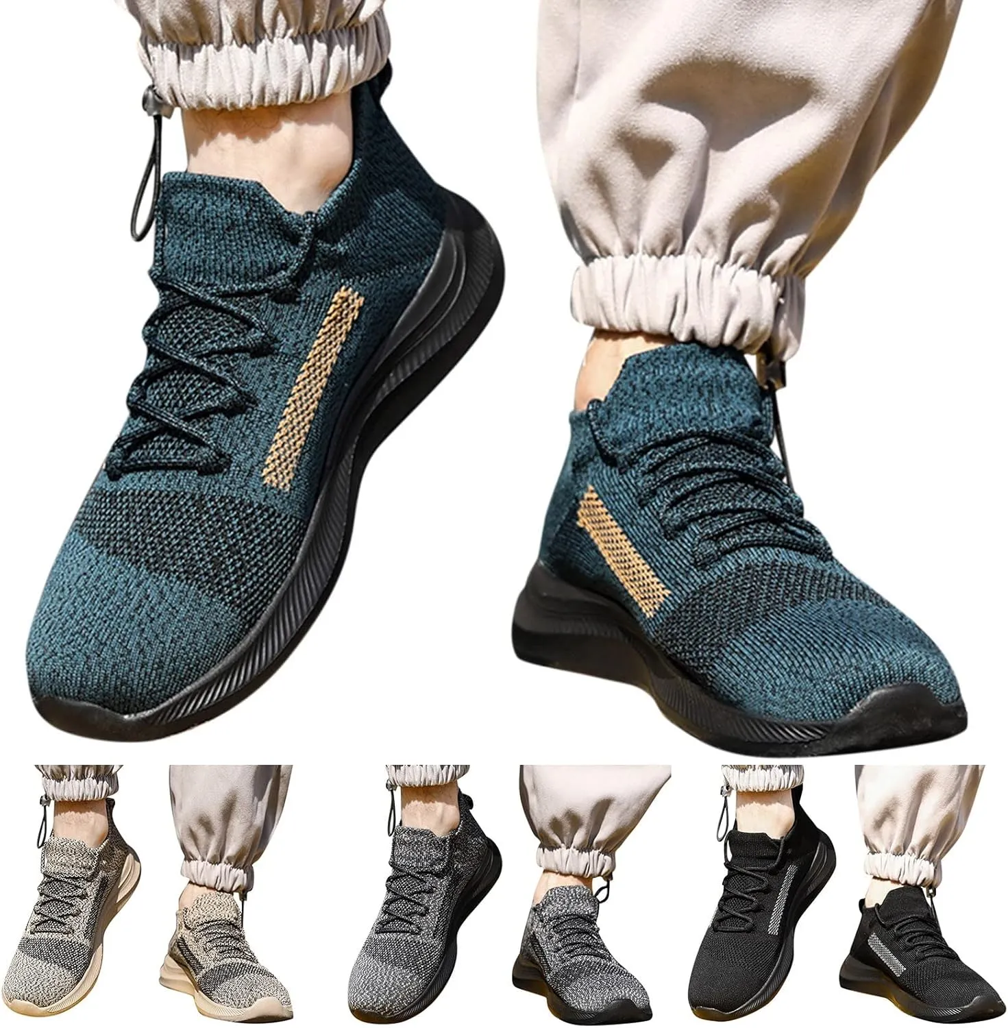 Casual Walking Shoes Fashion Men Sports Shoes Flat Bottom Lightweight Fly Woven Mesh Breathable Elastic Lace Up