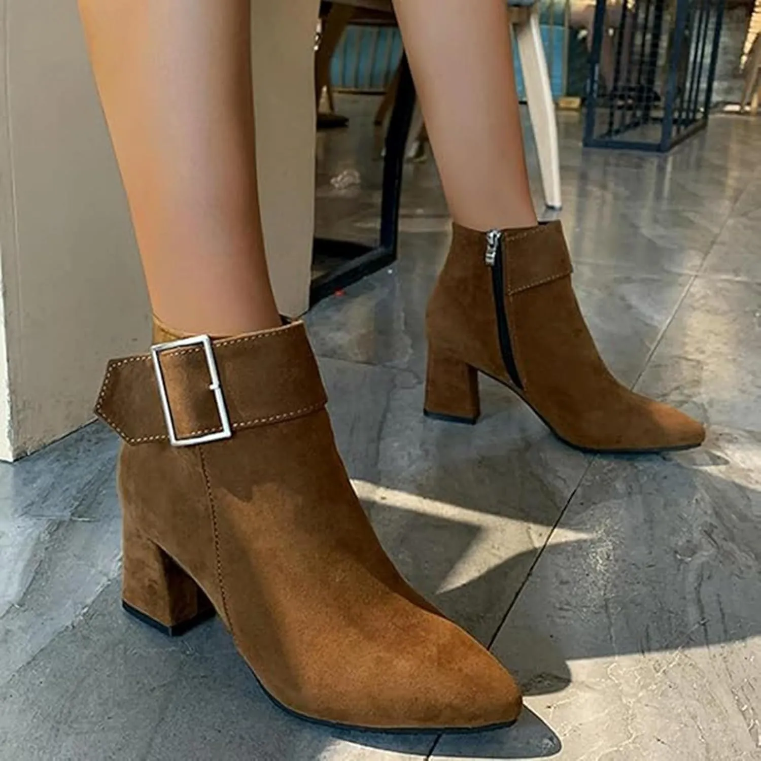 Cathalem Ankle Boots for Women Chunky Heel Pointed Toe Booties Side Zipper Fall Boots for Women Short Boots Dress Boots