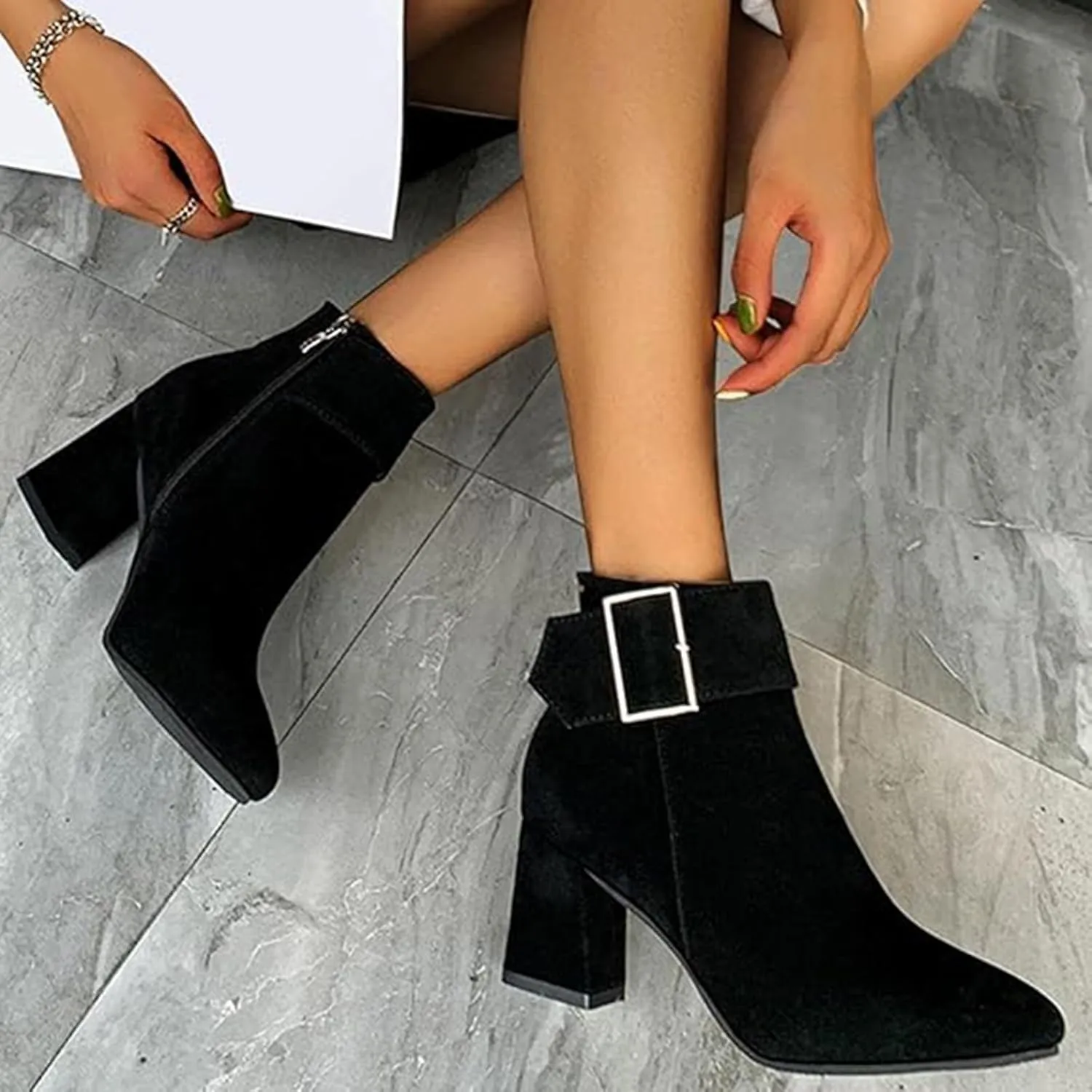 Cathalem Ankle Boots for Women Chunky Heel Pointed Toe Booties Side Zipper Fall Boots for Women Short Boots Dress Boots