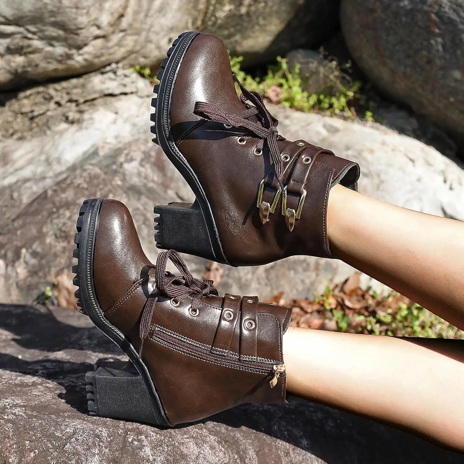 Cathalem Platform Boots for Women Goth Chunky Boots High Heel Black Ankle Booties Rivets Punk Combat Boot Shoes