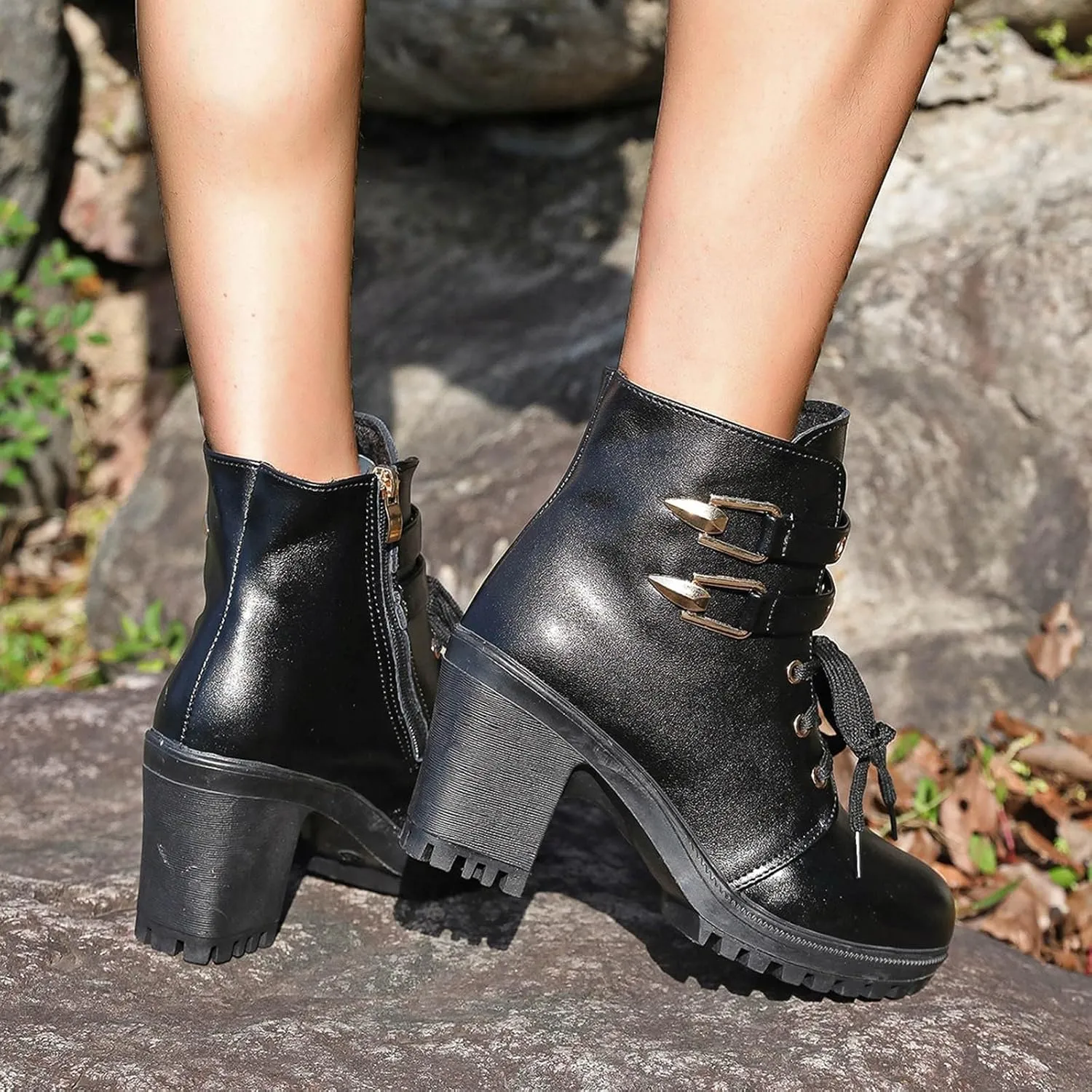 Cathalem Platform Boots for Women Goth Chunky Boots High Heel Black Ankle Booties Rivets Punk Combat Boot Shoes