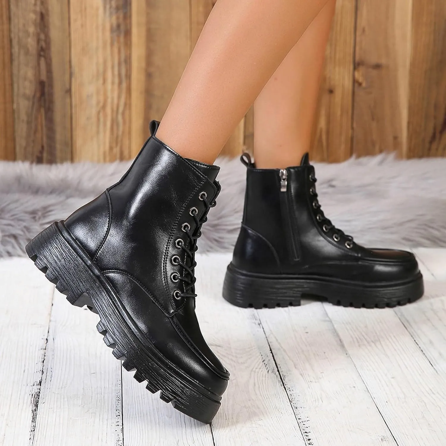 Cathalem Womens Combat Boots Ankle Boots Classic Low Heel Womens Motorcycle Boots Zippers Lace up Fashion Combat Booties