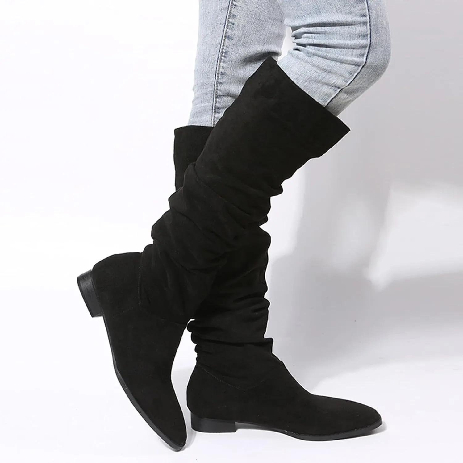 Cathalem Women's Knee High Boots Flat Low Heel Slouch Pointed Toe Winter Shoes with Side Zipper Tall Boots for Women