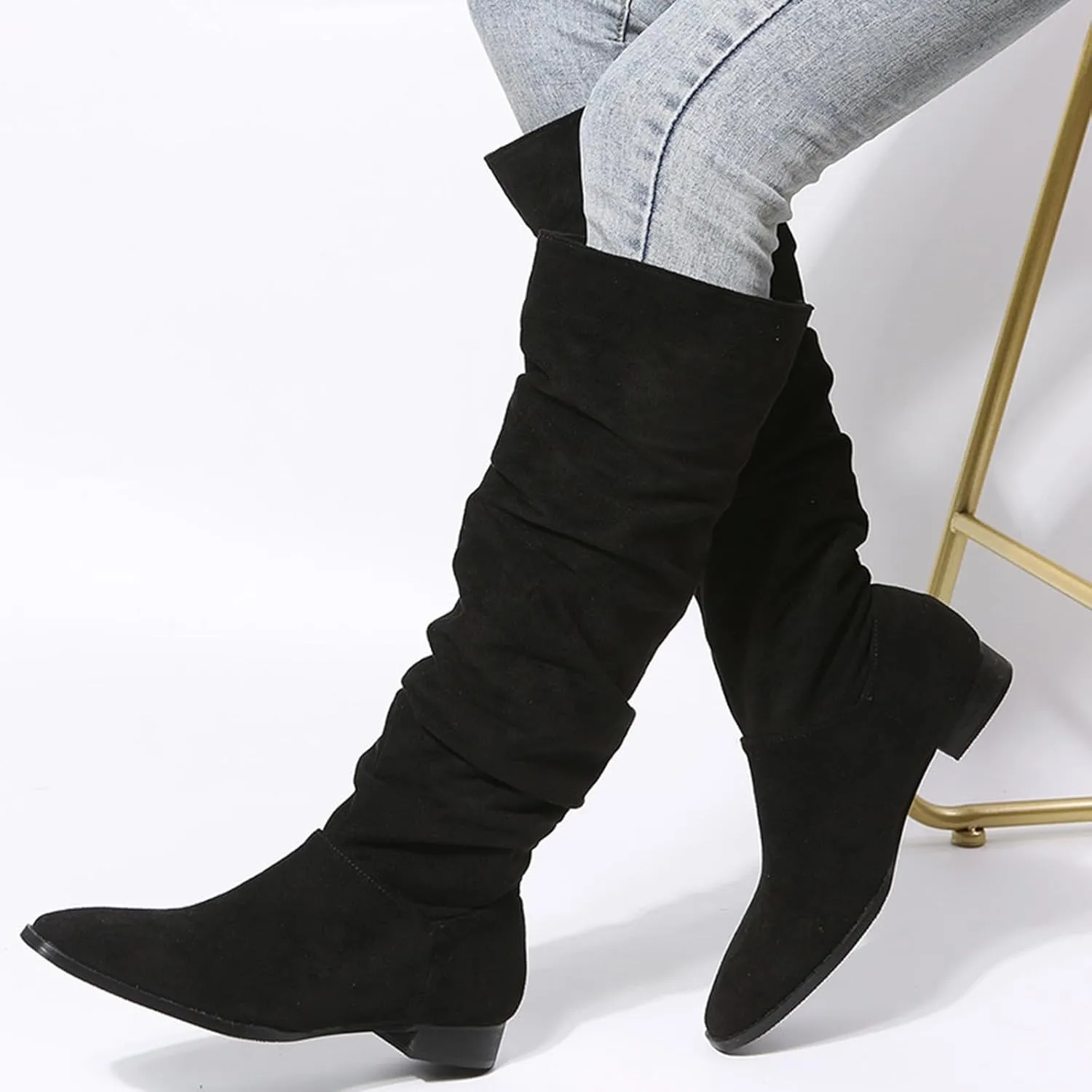 Cathalem Women's Knee High Boots Flat Low Heel Slouch Pointed Toe Winter Shoes with Side Zipper Tall Boots for Women