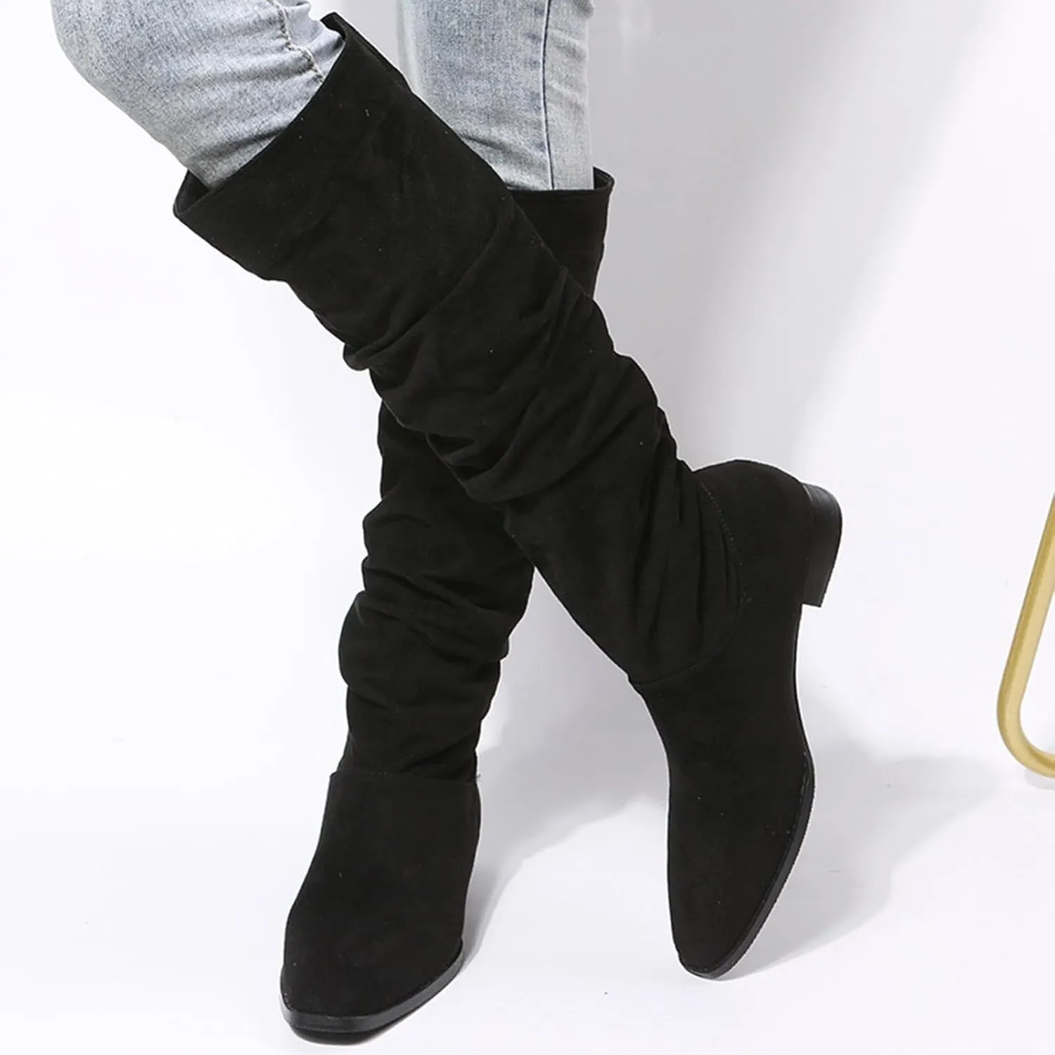 Cathalem Women's Knee High Boots Flat Low Heel Slouch Pointed Toe Winter Shoes with Side Zipper Tall Boots for Women
