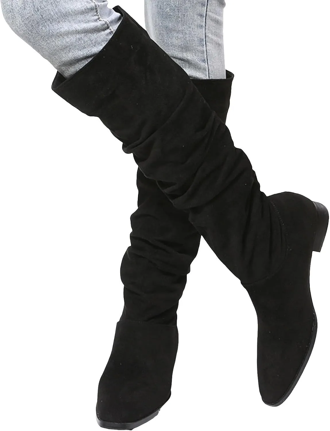 Cathalem Women's Knee High Boots Flat Low Heel Slouch Pointed Toe Winter Shoes with Side Zipper Tall Boots for Women