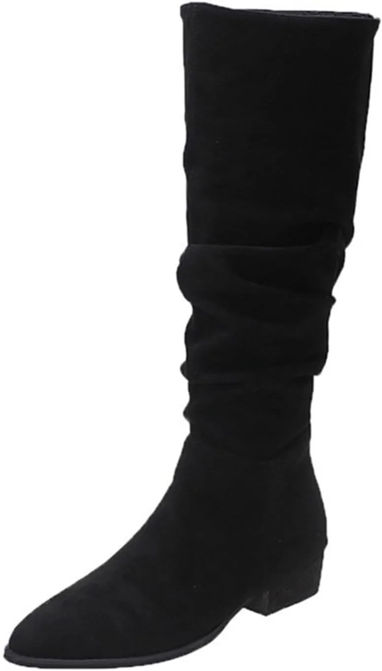 Cathalem Women's Knee High Boots Flat Low Heel Slouch Pointed Toe Winter Shoes with Side Zipper Tall Boots for Women