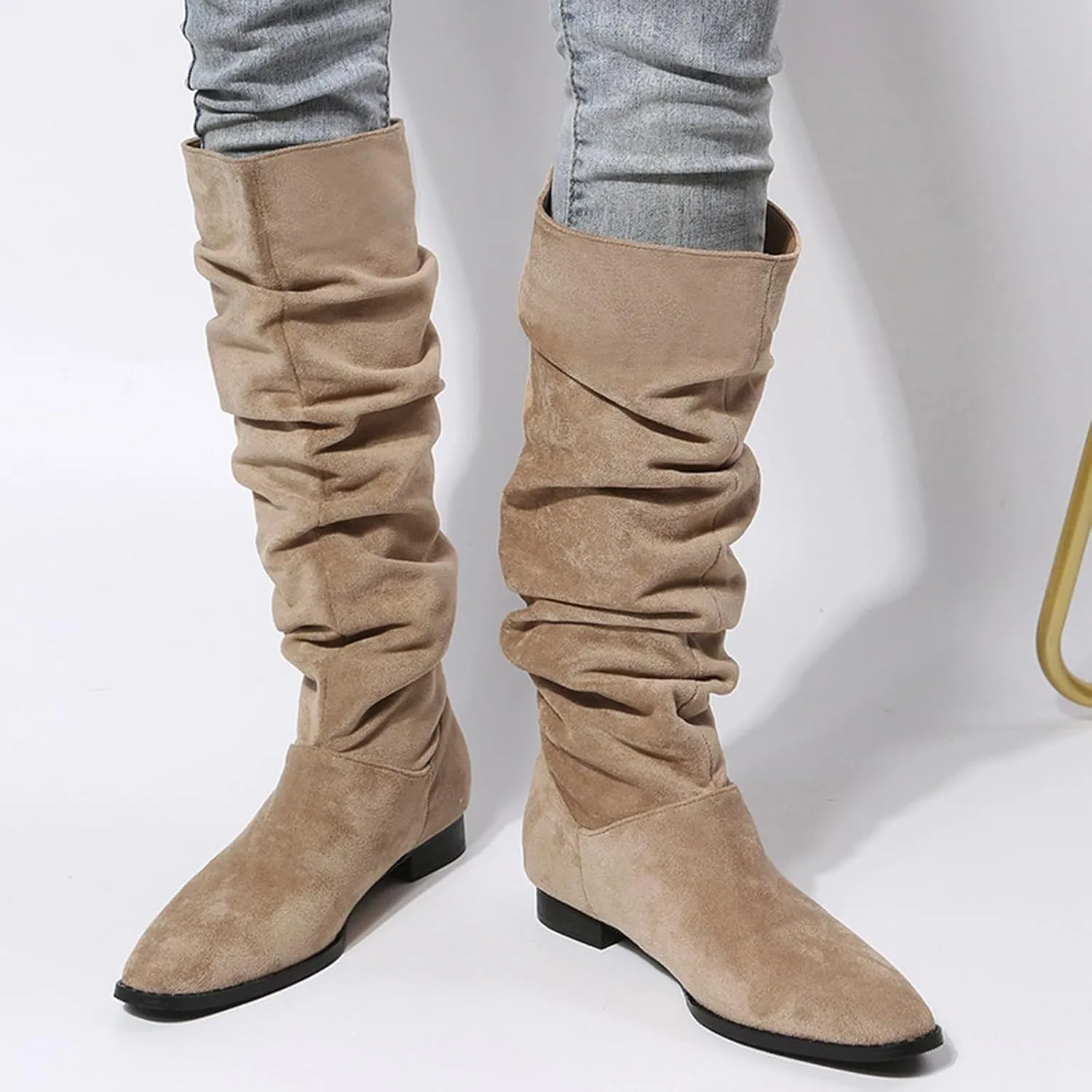 Cathalem Women's Knee High Boots Flat Low Heel Slouch Pointed Toe Winter Shoes with Side Zipper Tall Boots for Women