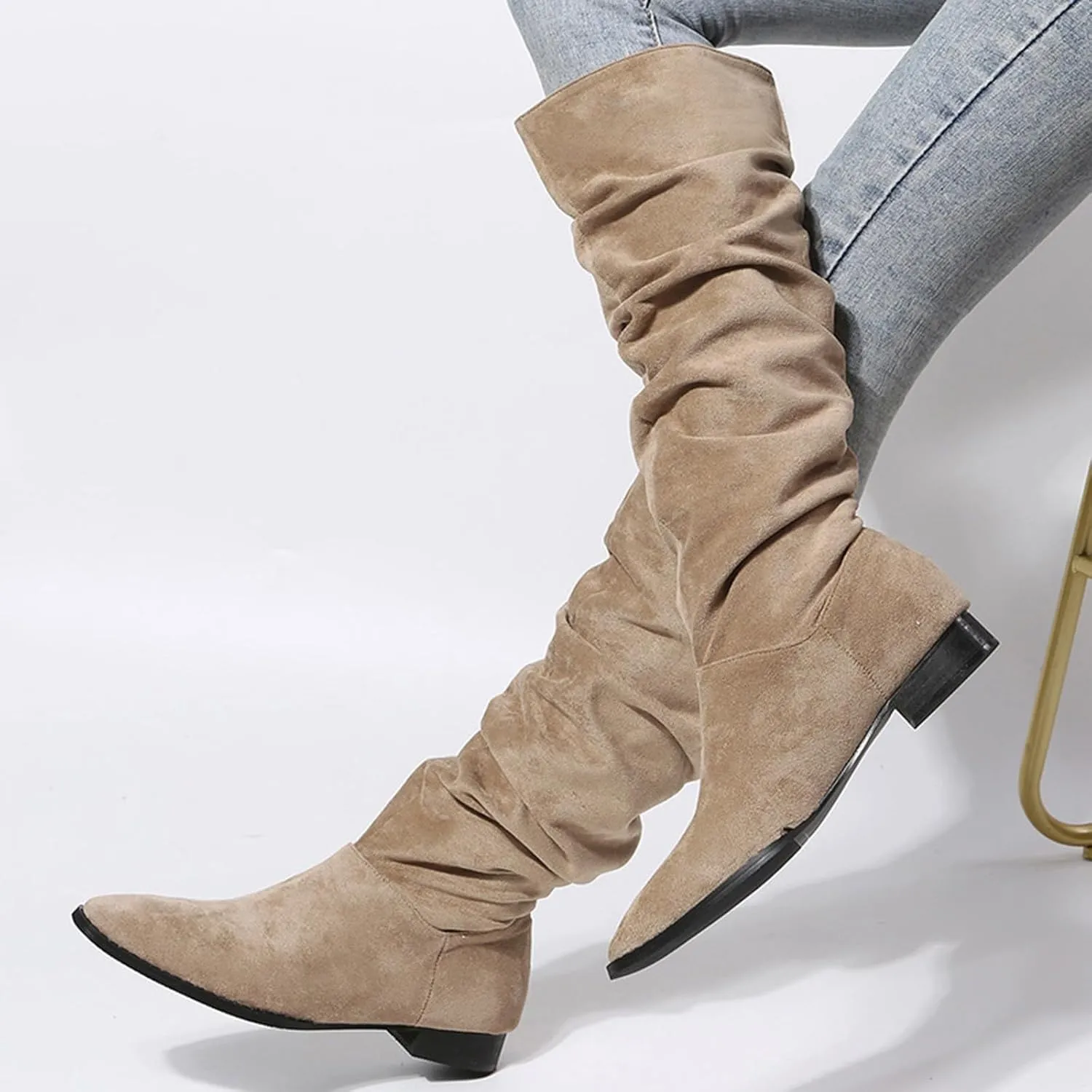 Cathalem Women's Knee High Boots Flat Low Heel Slouch Pointed Toe Winter Shoes with Side Zipper Tall Boots for Women