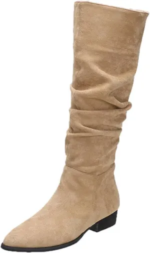 Cathalem Women's Knee High Boots Flat Low Heel Slouch Pointed Toe Winter Shoes with Side Zipper Tall Boots for Women