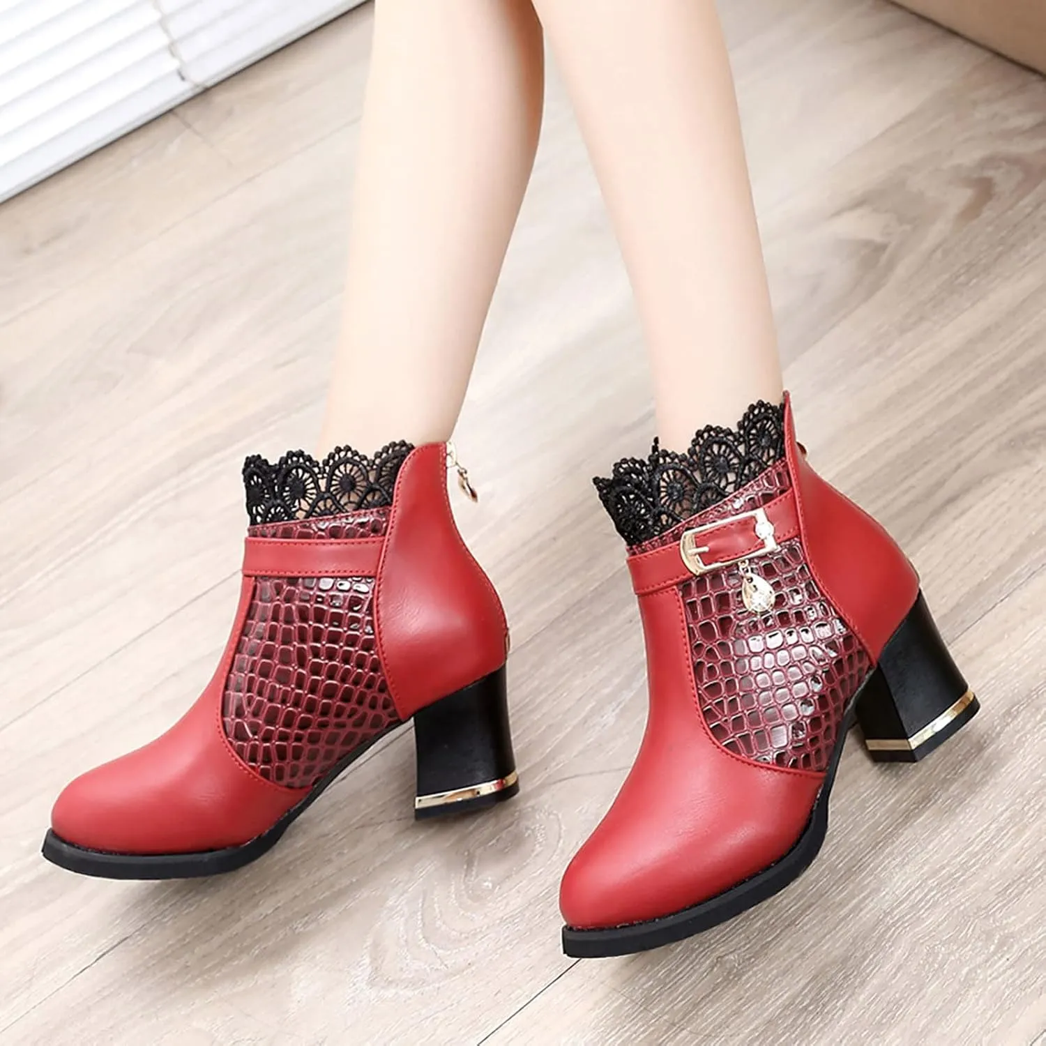 Classic Ankle Boots for Women Retro Lace Trim Ankle Booties Pointed Toe Zipper Low Chunky Heel Ankle Boots