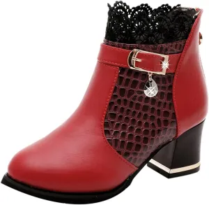 Classic Ankle Boots for Women Retro Lace Trim Ankle Booties Pointed Toe Zipper Low Chunky Heel Ankle Boots